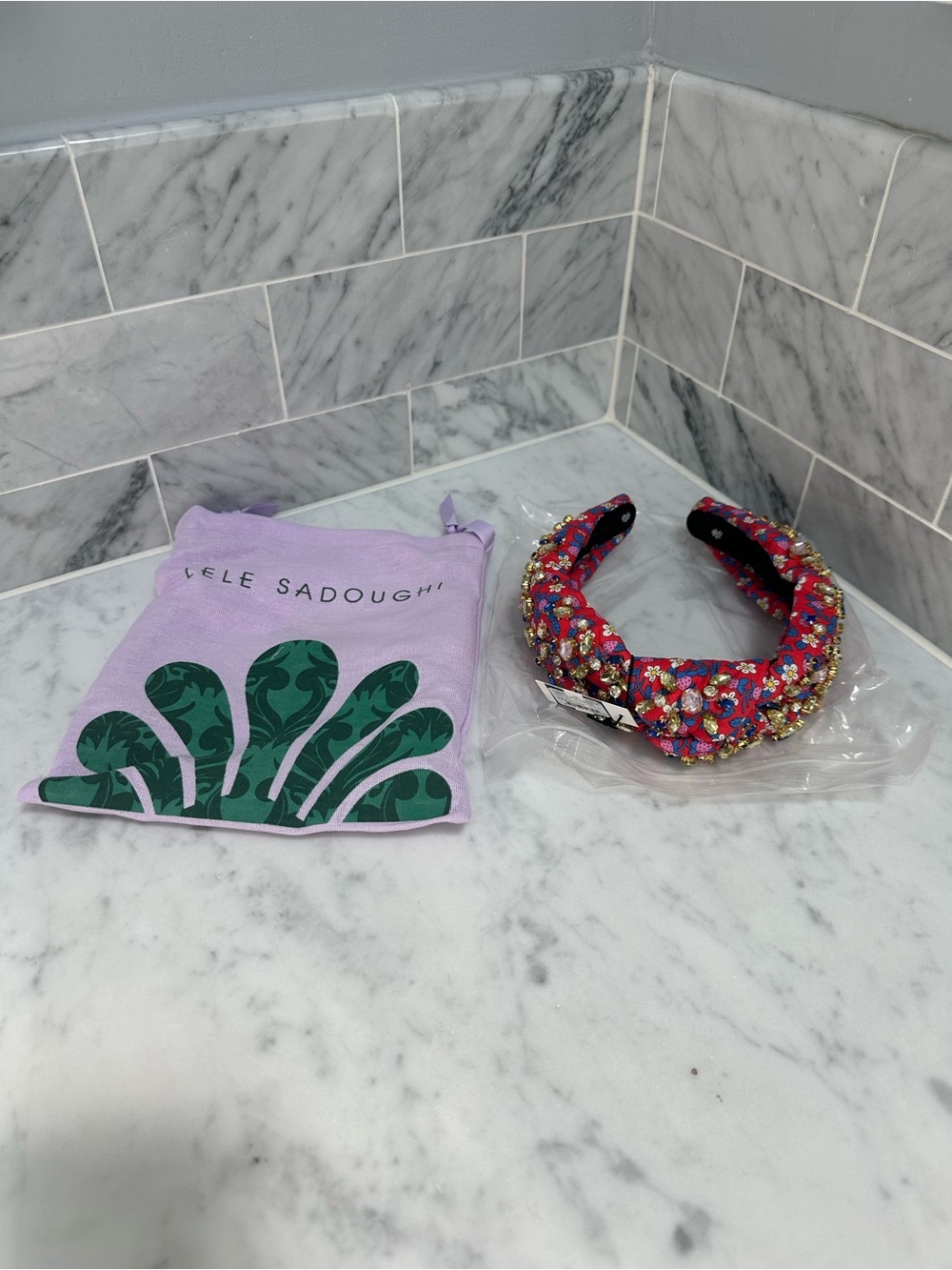 Lele Sadoughi Red Floral Jeweled Padded Headband - Picture 3 of 3